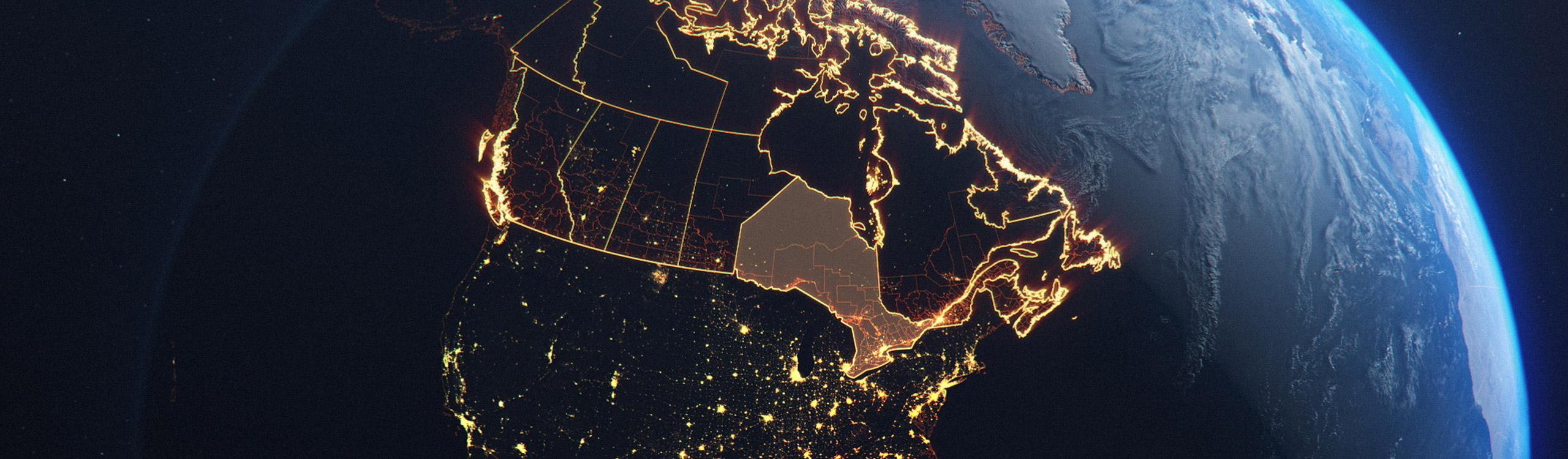 Globe view from space with Canada outlined and Ontario filled in with orange to highlight Celsius Freight’s Ontario coverage